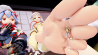 feet blonde long_hair clothed small_woman toes barefoot soles cat_ears low_angle smiling foot_worship sitting cat_girl between_toes indoors grey_hair raised_foot legs_crossed bangs looking_at_tiny digital_render mythra sad-bag nia xenoblade_chronicles poppi