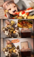 vore blushing tongue small_woman cat_ears sequence digestion short_hair sitting fangs open_mouth food cat_girl indoors inside_stomach grey_hair stuck burp pizza panels bangs imminent_vore internal_view looking_at_tiny on_food digital_render stomach_bulge xenoblade_chronicles_2 pyra sourcesizeshenanigans nia xenoblade_chronicles