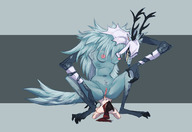 drawing nipples nude pussy small_man furry wolf anthro color penis sex topless smiling looking_down crouching antlers sharp_teeth no_background bloodborne covered_eyes vicar_amelia twistedteeth