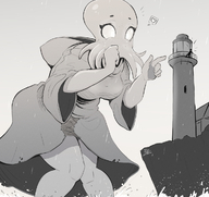 drawing gentle giantess blushing anthro monochrome large_breasts clothed water ocean low_angle lighthouse heart waves standing thighs robe pointing leaning_forward hood looking_at_tiny cliff_side bare_legs cthulhu-ette ncmares yohomeboync yohomeboyraps cthulhu