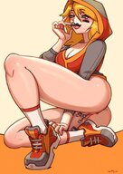 drawing giantess insertion vore blushing blonde long_hair cleavage smiling sitting bottomless shrunken_man looking_down sneakers alexia tinies trainers no_background spittyart