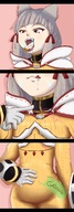 drawing vore small_man comic color clothed saliva anime cat_ears sequence digestion smiling fangs open_mouth inside_mouth cat_girl swallowed grey_hair licking_lips panels bangs on_tongue no_background sound_effects nia xenoblade_chronicles appdattta