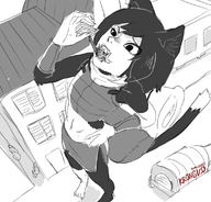 drawing vore small_man monochrome black_hair clothed barefoot buildings anime cat_ears high_angle elf short_hair hand town inside_mouth cat_girl dark_skin outdoors monster_girl kronguss dungeon_meshi izutsumi_asebi sissel