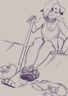 drawing feet small_man furry anthro dog monochrome toes barefoot soles punk low_angle smiling paws foot_worship sitting canine looking_down piercing foot_slave mohawk raised_foot legs_crossed looking_at_tiny bare_legs spiked_collar kerneldecoy discarded_footwear