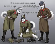 drawing gentle feet small_man furry anthro dog color clothed text small_men handheld toes barefoot military tank smiling husky paws boots foot_worship hand uniform looming looking_down giantesses vehicles hat tinies soldiers dialogue in_palm no_background discarded_footwear gasmaskfox