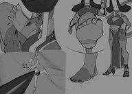 drawing feet small_man horns monochrome large_breasts long_hair clothed toes barefoot cleavage high_heels soles anime demon sequence low_angle smiling succubus sitting foot_crush hand muscles demoness looming abs under_foot jewelry monster_girl raised_foot legs_crossed bangs stuck_to_foot sharp_teeth imminent_crush no_background stirrups bare_midriff kiyoshi2431