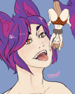 drawing vore color tongue giant male clothed barefoot saliva purple_hair high_angle scared short_hair open_mouth dangle monster_girl cat_boy imminent_vore dog_girl no_background looking_at_tiny femboy monster_boy vulture_(artist)