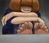 drawing feet small_man color clothed toes soles anime brunette smiling sitting kneeling looming on_table bangs raised_feet no_background looking_at_tiny fooooly my_hero_academia covered_eyes kinoko_komori