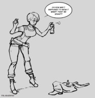 drawing small_man monochrome clothed shrinking story short_hair looking_down resident_evil dialogue no_background looking_at_tiny tail-blazer rebecca_chambers