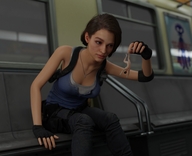 breasts small_man clothed handheld cleavage brunette smiling gloves short_hair sitting subway shrunken_man jill_valentine dangle resident_evil looking_at_tiny digital_render police_officer perkasole