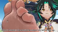 drawing feet black_hair color giant male clothed small_woman text toes barefoot soles anime green_hair foot_crush unaware outdoors raised_foot looking_away stuck_to_foot traveler genshin_impact pikearts xiao