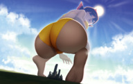 bikini breasts drawing giantess giga city color butt blue_eyes barefoot buildings soles brunette low_angle short_hair squatting airplane looming reaching looking_down avengers clouds thighs outdoors crouching sky looking_back janet_van_dyne bare_legs marvel_comics sun_rays ravenravenraven the_wasp bare_midriff avengers_earths_mightiest_heroes