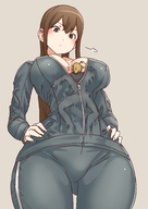 drawing small_man blushing color long_hair clothed cleavage anime brunette low_angle underboob inside_clothing hands_on_hips annoyed bangs uru no_background looking_at_tiny track_suit clothing_entrapment between_breasts