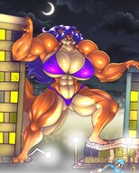 bikini breasts drawing giantess furry tail anthro city mega vixen color long_hair destruction clothed toes barefoot rampage cleavage blue_hair huge_breasts angry fox police muscles raccoon abs mask night thighs running_away lamppost thief sly_cooper orange_skin carmelita_fox police_officer sly_cooper_(series) rasp777