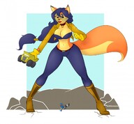 breasts drawing giantess furry tail anthro mega color long_hair clothed handheld cleavage blue_hair huge_breasts fox gloves police ponytail boots raccoon mask pants vehicles jacket top belt running_away thief looking_at_tiny sly_cooper orange_skin carmelita_fox bare_midriff police_officer sly_cooper_(series) rasp777 mask_of_dark_earth