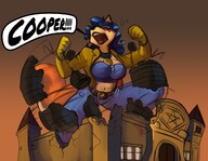 breasts drawing growth giantess furry tail anthro mega vixen color large_breasts long_hair destruction clothed blue_hair fox outgrowing_building gloves police collar jacket closed_eyes commission belt dialogue t-bone zipper orange_skin carmelita_fox saatchi bare_midriff police_officer sly_cooper_(series) police_station year_of_the_(carmelita)_fox