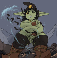 drawing growth nude small_man black_hair color large_breasts long_hair armor destruction small_men pubic_hair buildings anime angry castle low_angle knight gloves witch underboob looking_down mountains magic outdoors tinies thigh_highs wizard wind goblin sharp_teeth debris wall pointed_ears witch_hat one_eye_closed covering_up shortstack billmann1815