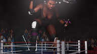 small_man black_hair clothed small_woman handheld cleavage short_hair wrestling fishnets dark_skin indoors audience boxing_ring cramped looking_at_tiny digital_render skintight_clothing relisys66