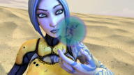 small_man clothed handheld cleavage blue_hair smiling short_hair caught trapped magic outdoors tattoo borderlands suspended looking_at_tiny digital_render maya_(borderlands) danonalright krieg