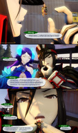 small_man comic small_woman handheld purple_hair brunette sequence story uniform close_up giantesses dangle cat_girl outdoors hat between_fingers dialogue hanging_on panels looking_at_tiny digital_render pyra morag sourcesizeshenanigans rex nia xenoblade_chronicles brighid on_hat