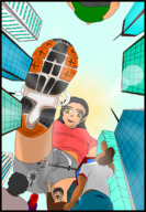 drawing giantess city black_hair long_hair buildings helicopter shoes low_angle smiling sneakers outdoors point_of_view raised_foot jhonair giantess_in_sneakers