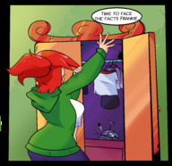 breasts drawing color butt clothed story red_hair ponytail unaware frankie_foster shrunken_man indoors jacket stretching dialogue hood anon fosters_home_for_imaginary_friends bare_midriff slugmanoctavio3 wardrobe cartoon_network
