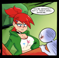 breasts drawing blushing color large_breasts clothed cleavage bed story embarrassed red_hair ponytail piercings unaware frankie_foster shrunken_man indoors jacket choker earrings top dialogue hood anon fosters_home_for_imaginary_friends bare_midriff slugmanoctavio3 wardrobe cartoon_network hair_pin
