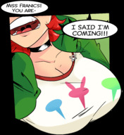 breasts drawing color large_breasts clothed cleavage story red_hair ponytail unaware frankie_foster shrunken_man open_mouth falling indoors choker dialogue hood anon fosters_home_for_imaginary_friends slugmanoctavio3 cartoon_network