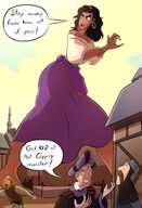 drawing city mega black_hair color long_hair handheld barefoot skirt buildings green_eyes ponytail dark_skin hoop_earrings disney earrings bracelet dialogue hairband esmeralda the_hunchback_of_notre_dame caiman2 frollo dracoknight545 quasimodo
