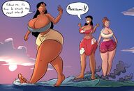 breasts drawing giantess giga mega black_hair color long_hair destruction barefoot rampage cleavage skirt ocean huge_breasts angry brunette multiple_sizes yellow_eyes victoria ponytail navel shorts giantesses dark_skin hawaii disney top ripped_clothing dialogue thick_thighs bare_legs nani_pelekai bare_midriff caiman2 dracoknight545 lilo_pelekai lilo_and_stitch