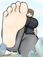 drawing giantess feet city color clothed barefoot soles brunette brown_eyes smiling foot_crush looking_down point_of_view imminent_crush looking_at_tiny yamumil minji
