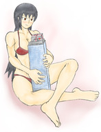 bikini breasts drawing black_hair color large_breasts long_hair swimsuit barefoot cleavage bra buildings huge_breasts brown_eyes sitting lingerie hugging yamumil bare_legs bare_midriff