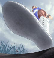 drawing color clothed small_woman anime brunette low_angle chun_li street_fighter foot_crush looming shoe_crush outdoors raised_foot looking_away juri_han blurry imminent_crush thick_thighs hair_buns thunderafterdark