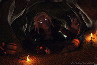 white_hair small_man small_woman handheld elf cave mask hiding pinned world_of_warcraft night_elf stuck braid purple_skin under_hand torch cramped skimpy_clothing pointed_ears digital_render madamemaeve