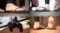 feet small_man blonde large_breasts long_hair clothed toes barefoot soles low_angle insole in_shoe sandals underboob phone walking pinned outdoors under_foot toe_ring raised_foot see_through panels looking_away digital_render amgipi bare_midriff