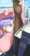 drawing giantess feet blushing city color large_breasts long_hair clothed barefoot bandages buildings soles anime purple_hair stockings high_angle tights stretching raised_foot bangs raised_leg one_eye_covered fate_(series) kingprotea lien_57