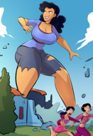 breasts drawing growth giantess black_hair color large_breasts destruction cleavage skirt green_eyes brunette outgrowing_building ponytail mandy cartoon dark_skin jacket totally_spies top ripped_clothing running_away hairband bare_legs bare_midriff caiman2 dracoknight545 caitlin dominique hair_pin