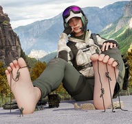 feet small_man clothed small_men toes barefoot soles military tank smiling green_hair short_hair sitting mountains vehicles outdoors hat freckles tinies on_foot trees soldiers bangs climbing_foot looking_at_tiny digital_render ela rainbow_six_siege poggermeister