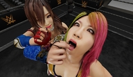 vore long_hair tongue clothed small_woman handheld brunette gloves asian open_mouth giantesses small_women indoors between_fingers imminent_vore boxing_ring looking_at_tiny multicolored_hair digital_render wrestler one_eye_covered celton kairi_sane kanako_urai