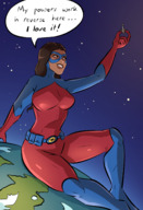 breasts drawing giantess earth giga space color large_breasts long_hair clothed brunette smiling boots sitting mask dark_skin looking_up belt dialogue dc_comics cosmic_giantess sitting_on_planet cmwaters atomica watchtower