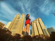 giantess collage city black_hair long_hair clothed low_angle smiling outdoors kyoujingirls