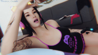 vore black_hair large_breasts long_hair lying_down headphones open_mouth gaming headset digital_render thomas-crumb
