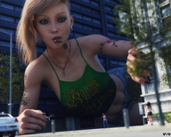 breasts giantess vore city mega blonde long_hair jeans crawling looming outdoors necklace top looking_at_tiny digital_render bare_midriff innocent-owl