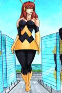 breasts drawing giantess city mega color large_breasts long_hair cleavage green_eyes superhero gloves street red_hair boots skyscraper reflection outdoors costume mary_jane spider-man marvel_comics the_wasp grim1978 earth_20052