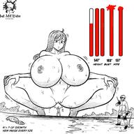 drawing giantess nude monochrome long_hair huge_breasts looking_down crouching just-add-water