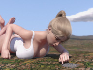 giantess giga city mega blonde large_breasts long_hair barefoot breast_crush ponytail lying_down digital_render megagiantess emma-gts