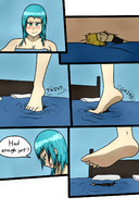 drawing feet color long_hair blue_eyes barefoot cleavage playful bed blue_hair smiling foot_crush looking_down indoors towel bedroom looking_at_tiny bare_legs smirking miku johntennantgts foot_twist twisting_foot