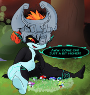 drawing smiling midna sitting looking_down dialogue thick_thighs the_legend_of_zelda link_(the_legend_of_zelda) slugmanoctavio3