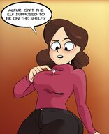 breasts drawing long_hair clothed brunette looking_down pants sweater milf dialogue poking no_background on_breasts hilda_(series) alfur slugmanoctavio3 johanna_(hilda)
