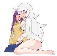 drawing white_hair masturbation long_hair shrinking purple_hair smiling twintails heart lesbians no_background flushed inksgirls raziek91 shrunking_woman no_pants